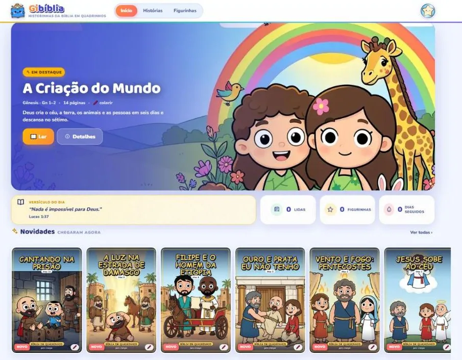 A tela inicial da Gibíblia: a história em destaque, o versículo do dia e as prateleiras de histórias em quadrinhos.